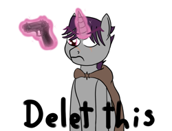 Size: 747x570 | Tagged: safe, artist:deserter, idw, shadow lock, pony, unicorn, spoiler:comic53, angry, attack eyebrows, beretta, beretta 92fs, delet this, eyebrows, glowing horn, gun, handgun, horn, levitation, magic, male, pistol, simple background, solo, stallion, telekinesis, text, weapon, white background