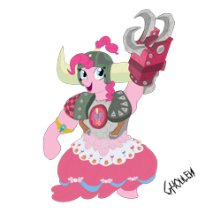 Size: 2700x2600 | Tagged: safe, artist:ghouleh, pinkie pie, earth pony, pony, buff, canon, clothes, crossover, dress, element of laughter, female, helmet, honorary yak horns, horned helmet, inktober, muscles, ork, power klaw, shoulder pads, simple background, smiling, solo, topknot, transparent background, viking helmet, warboss, warhammer (game), warhammer 40k