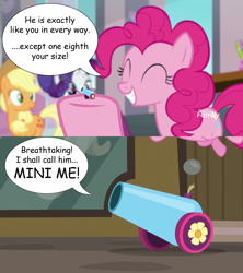 Size: 1600x1800 | Tagged: safe, edit, edited screencap, editor:wild stallions, screencap, applejack, pinkie pie, rarity, earth pony, pony, unicorn, school daze, the gift of the maud pie, austin powers, dr. evil, mini-me, movie reference, number two, party cannon, the spy who shagged me, the world's smallest party cannon