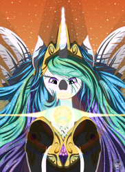 Size: 4000x5500 | Tagged: safe, artist:template93, princess celestia, alicorn, pony, absurd resolution, clothes, crown, gem, glowing horn, horn, jewelry, lens flare, magic, regalia, shoes, space, sparkles, stars, sun, wavy mane