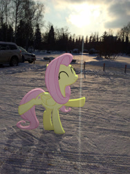 Size: 2448x3264 | Tagged: safe, artist:albertuha, fluttershy, pegasus, pony, cute, female, irl, mare, photo, ponies in real life, raised hoof, shyabetes, smiling, snow, solo, winter