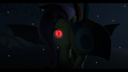 Size: 2560x1440 | Tagged: safe, artist:skylairo, fluttershy, bat pony, pony, bats!, 3d, bat ponified, dark, female, flutterbat, glowing eyes, healer's mask, looking at you, mare, mask, night, open mouth, race swap, red eyes, solo, spread wings, wings