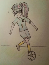 Size: 960x1280 | Tagged: artist needed, safe, derpibooru import, sci-twi, twilight sparkle, equestria girls, football, glasses, solo, traditional art