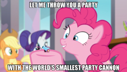 Size: 960x540 | Tagged: safe, edit, screencap, applejack, pinkie pie, rarity, earth pony, pony, unicorn, school daze, image macro, meme, party cannon, the world's smallest party cannon