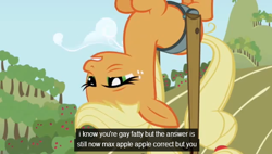 Size: 634x359 | Tagged: safe, edit, edited screencap, screencap, applejack, earth pony, pony, applebuck season, caption, female, mare, meme, solo, sweet apple acres, upside down, youtube caption