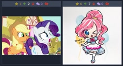 Size: 490x267 | Tagged: safe, derpibooru import, applejack, pinkie pie, rarity, earth pony, pony, unicorn, chibi, cute, derpibooru, juxtaposition, juxtaposition win, meme, meta, shocked