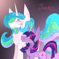 Size: 1000x1000 | Tagged: safe, artist:junko, derpibooru exclusive, princess celestia, twilight sparkle, unicorn twilight, alicorn, pony, unicorn, beanbrows, big ears, chest fluff, digital art, ear fluff, ethereal mane, eyebrows, eyelashes, female, flowing mane, folded wings, half body, looking down, looking up, mentor and protege, momlestia, paint tool sai, profile view, side view, smiling, sparkles, sparkly mane, wings