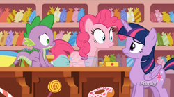 Size: 1566x878 | Tagged: safe, derpibooru import, screencap, pinkie pie, spike, twilight sparkle, twilight sparkle (alicorn), alicorn, dragon, earth pony, pony, ppov