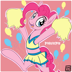 Size: 900x900 | Tagged: safe, artist:casualcolt, pinkie pie, earth pony, pony, cheerleader, cheerleader pinkie, clothes, cute, diapinkes, female, mare, midriff, pom pom, skirt, smiling, solo