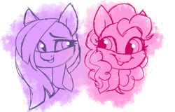 Size: 900x575 | Tagged: safe, artist:drunkencoffee, marble pie, pinkie pie, pony, bust, duo, female, looking at each other, mare, simple background, sisters, smiling, transparent background, twins