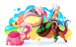 Size: 8700x5388 | Tagged: safe, artist:zlayd-oodles, discord, fluttershy, draconequus, pegasus, pony, absurd resolution, bow, bowser, bowsercord, brick block, choker, clothes, cloud, cosplay, costume, crossover, crown, discoshy, dress, ear piercing, engrish in the description, female, floppy ears, flower, flutterpeach, food, jewelry, male, mare, mountain, nintendo, open mouth, peach, piercing, piranha plant, plant, princess peach, regalia, scared, sharp teeth, shipping, signature, simple background, sky, smiling, straight, super mario bros., teeth, transparent background, wings, wristband