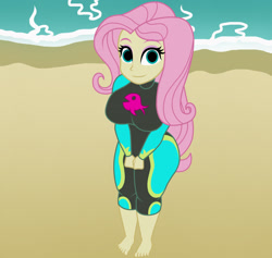 Size: 1900x1800 | Tagged: dead source, safe, artist:mashoart, fluttershy, better together, equestria girls, barefoot, beach, big breasts, breasts, clothes, cute, feet, female, hootershy, looking at you, no catchlights, sand, smiling, solo, swimsuit, water, wetsuit