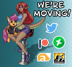 Size: 600x558 | Tagged: safe, artist:aphexangel, scootaloo, oc, pegasus, pony, abstract background, breasts, clothes, holding a pony, meta, midriff, newgrounds, patreon, patreon logo, shorts, smiling, tumblr, tumblr 2018 nsfw purge, twitter