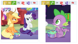 Size: 440x246 | Tagged: safe, derpibooru import, screencap, applejack, princess cadance, princess flurry heart, rarity, shining armor, spike, alicorn, dragon, earth pony, pony, unicorn, best gift ever, applejack's hat, bowl, cowboy hat, derpibooru, faic, food, hat, juxtaposition, lidded eyes, meta, present, pudding, puddinghead's pudding, stetson, underfoot, winged spike