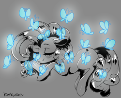 Size: 1316x1064 | Tagged: safe, artist:kaikururu, pinkie pie, butterfly, earth pony, pony, female, inktober, inktober 2018, mare, simple background, sketch, sleeping, smiling