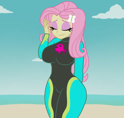 Size: 1900x1800 | Tagged: dead source, safe, artist:mashoart, fluttershy, equestria girls, equestria girls series, beach, beach babe, big breasts, breasts, clothes, curvy, eyes closed, female, hootershy, ocean, sand, smiling, solo, thick, wetsuit