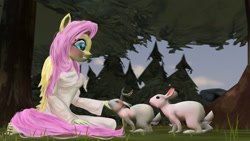 Size: 1280x720 | Tagged: safe, artist:zsnowfilez, fluttershy, anthro, rabbit, 3d, forest, jackalope, kindness, solo, tree