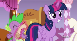 Size: 1366x736 | Tagged: safe, derpibooru import, screencap, spike, twilight sparkle, twilight sparkle (alicorn), alicorn, dragon, pony, ppov, discovery family logo, magic, scroll