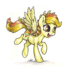 Size: 1722x1595 | Tagged: safe, artist:gaelledragons, oc, oc only, oc:little flame, pegasus, pony, cute, female, looking at something, mare, open mouth, signature, simple background, smiling, solo, spread wings, traditional art, white background