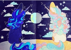 Size: 720x514 | Tagged: safe, artist:dollbunnie, princess celestia, princess luna, alicorn, pony, cloud, crown, earth, fanart, instagram, jewelry, marker drawing, moon, night, regalia, space, sparkles, stars, the world, traditional art