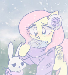 Size: 665x737 | Tagged: safe, artist:xp_r6, angel bunny, fluttershy, bird, pegasus, pony, rabbit, blushing, clothes, cute, female, mare, open mouth, snow, sweater, winter