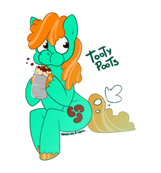 Size: 500x536 | Tagged: safe, artist:rosiehasasoul, oc, oc only, earth pony, pony, burrito, eating, fart, female, food, mare, puffy cheeks, simple background, sitting, tooty poots, transparent background