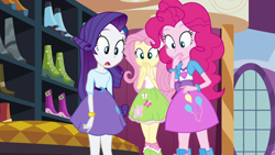 Size: 1920x1080 | Tagged: safe, screencap, fluttershy, pinkie pie, rarity, equestria girls, equestria girls (movie), clothes, mirror, shocked, shoes