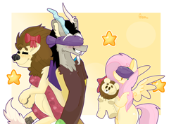 Size: 1280x905 | Tagged: safe, artist:gissel00001, discord, fluttershy, big cat, draconequus, lion, pegasus, pony, blindfold, bow, discoshy, female, gift giving, holding, hoof hold, male, mare, plushie, shipping, smiling, spread wings, straight, wings