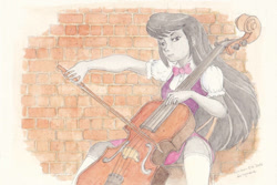 Size: 1024x682 | Tagged: safe, artist:daisymane, octavia melody, equestria girls, beauty mark, bowtie, cello, clothes, female, looking at you, musical instrument, solo, traditional art, watercolor painting, zettai ryouiki