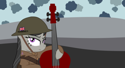 Size: 2750x1500 | Tagged: safe, artist:yamsmos, octavia melody, earth pony, pony, brodie helmet, cello, clothes, cloud, cloudy, helmet, musical instrument, octavia is not amused, trench, unamused, uniform, union jack, world war i
