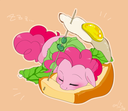 Size: 1720x1500 | Tagged: safe, artist:potetecyu_to, pinkie pie, earth pony, pony, bread, cute, diapinkes, egg, female, floppy ears, food, fried egg, lettuce, mare, ponies in food, sandwich, sleeping, solo, zzz