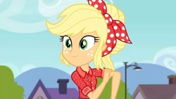 Size: 1280x720 | Tagged: safe, screencap, applejack, better together, equestria girls, five to nine, clothes, country, country applejack, houses, jacket, mountain, sky, tree, working