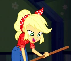 Size: 741x632 | Tagged: safe, screencap, applejack, better together, equestria girls, five to nine, broom, cleaning, clothes, country, country applejack, jacket, jeans, pants, working