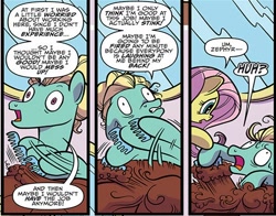 Size: 512x402 | Tagged: safe, artist:kate sherron, idw, fluttershy, yona, zephyr breeze, pegasus, pony, spoiler:comic74, comb, cropped, faic, female, nervous, official comic, offscreen character, stressed