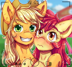 Size: 1600x1483 | Tagged: safe, artist:kitsu-chan11, apple bloom, applejack, earth pony, pony, apple family, blushing, cute, female, selfie, sisters, smiling