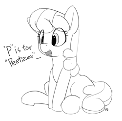 Size: 1280x1266 | Tagged: safe, artist:pabbley, cheerilee, cheeribetes, cute, dialogue, monochrome, open mouth, peetzer, simple background, sitting, solo, white background