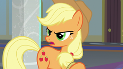 Size: 1280x720 | Tagged: safe, screencap, applejack, earth pony, pony, school daze, female, freckles, mare, open mouth, raised hoof, solo