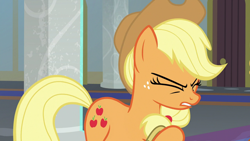 Size: 1280x720 | Tagged: safe, screencap, applejack, earth pony, pony, school daze, eyes closed, female, freckles, mare, raised hoof, solo