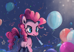 Size: 3253x2289 | Tagged: safe, artist:cookiedesu, pinkie pie, earth pony, pony, balloon, female, mare, noisemaker, party, ponk, solo, streamers