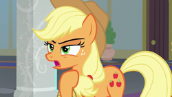 Size: 1280x720 | Tagged: safe, screencap, applejack, earth pony, pony, school daze, female, freckles, mare, open mouth, raised hoof, solo