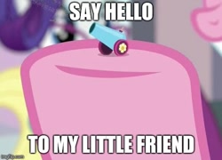 Size: 523x376 | Tagged: safe, edit, edited screencap, screencap, applejack, pinkie pie, rarity, earth pony, pony, unicorn, school daze, cropped, hooves, image macro, meme, miniaturized, party cannon, say hello to my little friend, scarface, solo, the world's smallest party cannon, watermark