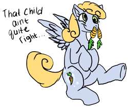 Size: 703x594 | Tagged: artist needed, safe, oc, oc only, pegasus, pony, carrot, female, food, magical lesbian spawn, mare, offspring, parent:carrot top, parent:derpy hooves, parents:derpytop, simple background, smiling, solo, transparent background