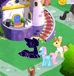 Size: 657x670 | Tagged: safe, screencap, donut joe, lotus blossom, octavia melody, tantabus, earth pony, pony, unicorn, canterlot, ethereal mane, gameloft, gameloft shenanigans, group, lying down