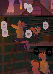 Size: 2500x3520 | Tagged: safe, artist:lumo, pinkie pie, anthro, comic:lumo's pony academy, bookshelf, clothes, comic, dialogue, ladder, library, pony academy (chapter 6), uniform