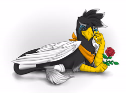 Size: 2716x2007 | Tagged: safe, artist:alexispaint, oc, oc only, oc:angelio pennelo, griffon, bandana, clothes, crying, flower, rose, scarf, simple background, solo, white background