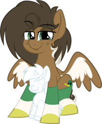 Size: 991x1200 | Tagged: safe, artist:binkyt11, derpibooru exclusive, oc, oc only, oc:duck badge, pegasus, pony, unicorn, 2019 community collab, background pony, clothes, default avatar, derpibooru, derpibooru community collaboration, derpibooru ponified, dreamworks face, eyeshadow, female, freckles, implied shipping, looking at you, makeup, mare, medibang paint, meta, no pupils, phone drawing, plushie, ponified, simple background, smug, socks, solo, spread wings, striped socks, transparent background, wings