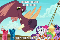 Size: 734x491 | Tagged: safe, derpibooru import, edit, edited screencap, screencap, applejack, pinkie pie, rarity, spike, twilight sparkle, twilight sparkle (alicorn), alicorn, dragon, earth pony, pony, unicorn, ppov, caption, image macro, lifejacket, text, tri-horned bunyip, yip yips