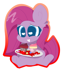 Size: 3247x3721 | Tagged: safe, artist:kittyrosie, pinkie pie, earth pony, pony, fanfic:cupcakes, cupcake, female, food, heart eyes, mare, outline, pinkamena diane pie, simple background, solo, transparent background, wingding eyes