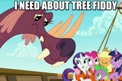 Size: 800x535 | Tagged: safe, derpibooru import, edit, edited screencap, screencap, applejack, pinkie pie, rarity, spike, twilight sparkle, twilight sparkle (alicorn), alicorn, dragon, earth pony, pony, unicorn, ppov, image macro, lifejacket, loch ness monster, meme, ship, south park, tree fiddy, tri-horned bunyip