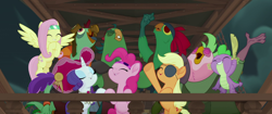 Size: 1920x804 | Tagged: safe, screencap, applejack, boyle, fluttershy, lix spittle, mullet (character), murdock, pinkie pie, rarity, spike, anthro, dragon, earth pony, parrot, pegasus, pony, unicorn, my little pony: the movie, anthro with ponies, bandana, cute, derp, eyepatch, eyes closed, feminism, hat, parrot pirates, pirate, pirate hat, prosthetic beak, sword, time to be awesome, weapon